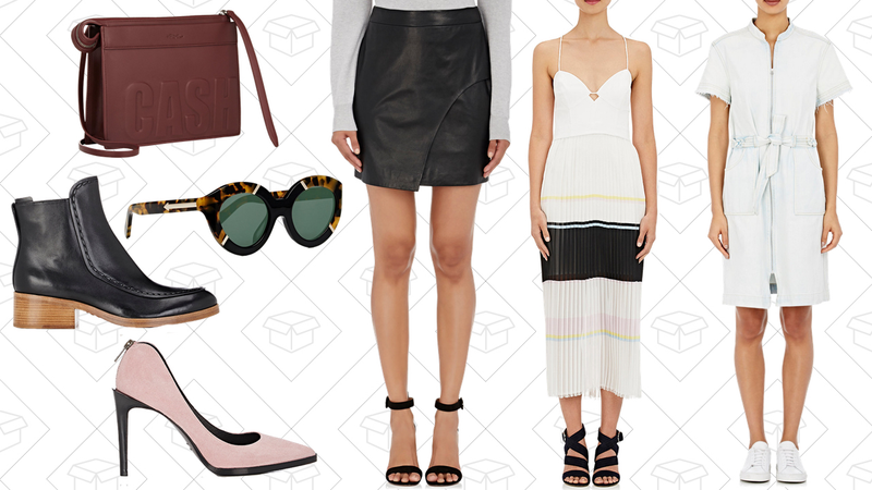 3.1 Phillip Lim âCash Onlyâ Depeche East-West Clutch, $230 | Karen Walker Alternate Fit Flowerpatch Sunglasses, $90 | 3.1 Phillip Lim Alexa Leather Ankle Boots, $188 | Helmut Lang Back-Zip Pumps, $143 | LâAgence Sienna Leather Mini Skirt, $167 | Nicholas Combo Cami Dress, $167 | Sea Denim Shirtdress, $76